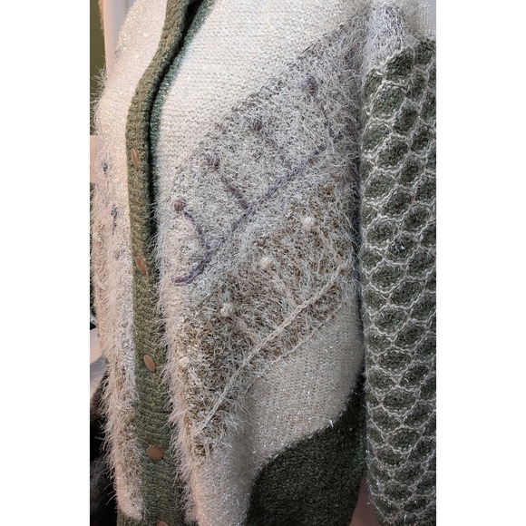 Boho Cottagecore Chunky Fuzzy Green White Sparkle Knitted Cardigan Jacket Snaps‎ - Picture 3 of 13